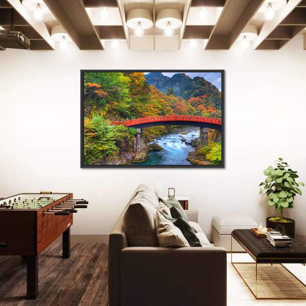 River With Shinkyo Bridge In Nikko Canvas Wall Art-3 Horizontal-Gallery Wrap-25" x 16"-Tiaracle