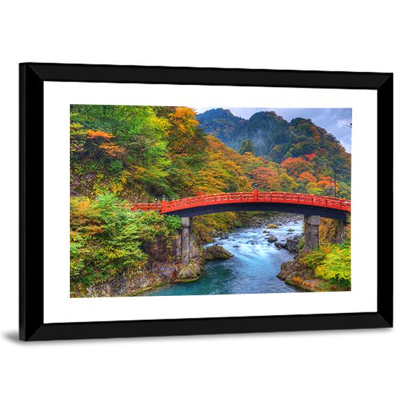 River With Shinkyo Bridge In Nikko Canvas Wall Art-3 Horizontal-Gallery Wrap-25" x 16"-Tiaracle