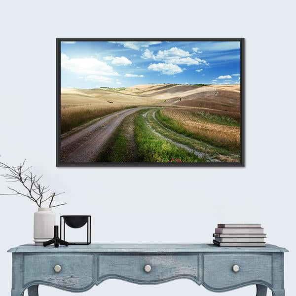 Road Between Fields Of Tuscany Canvas Wall Art-1 Piece-Floating Frame-24" x 16"-Tiaracle