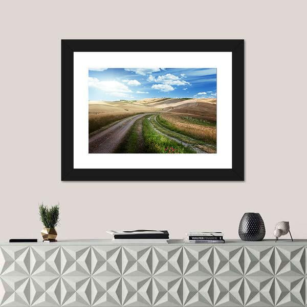 Road Between Fields Of Tuscany Canvas Wall Art-1 Piece-Framed Print-20" x 16"-Tiaracle