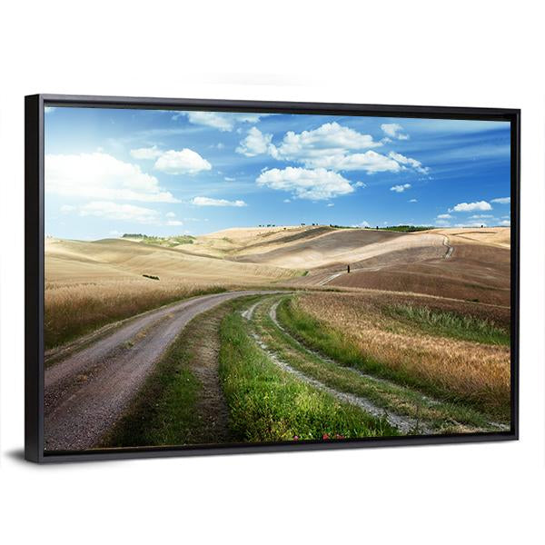Road Between Fields Of Tuscany Canvas Wall Art-3 Horizontal-Gallery Wrap-25" x 16"-Tiaracle