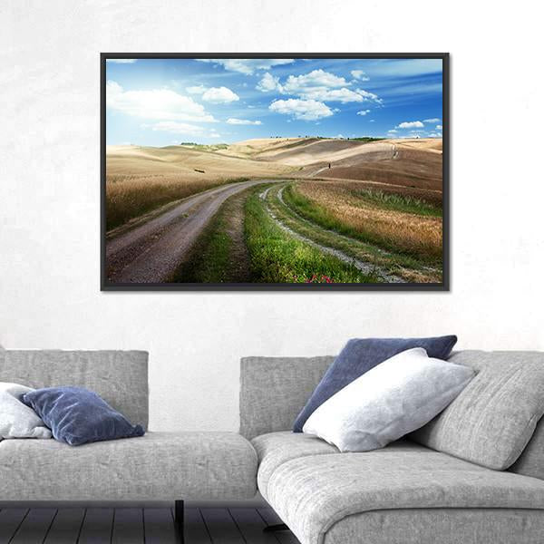 Road Between Fields Of Tuscany Canvas Wall Art-3 Horizontal-Gallery Wrap-25" x 16"-Tiaracle