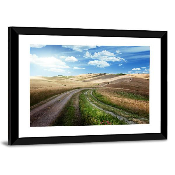 Road Between Fields Of Tuscany Canvas Wall Art-3 Horizontal-Gallery Wrap-25" x 16"-Tiaracle