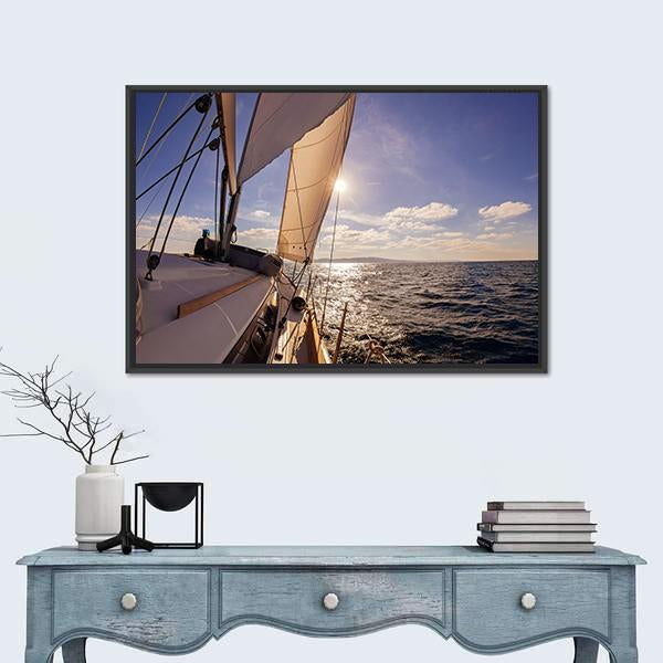 Sailing Boat Wide Angle View In The Sea Canvas Wall Art-1 Piece-Floating Frame-24" x 16"-Tiaracle