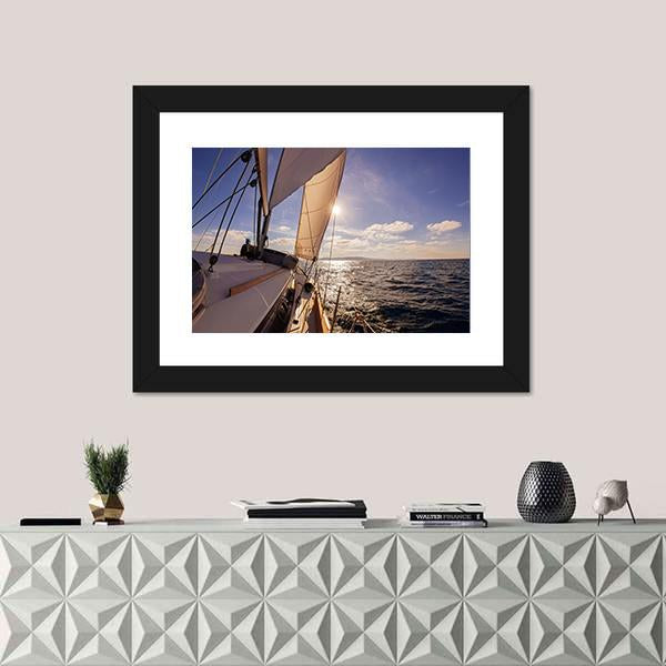 Sailing Boat Wide Angle View In The Sea Canvas Wall Art-1 Piece-Framed Print-20" x 16"-Tiaracle