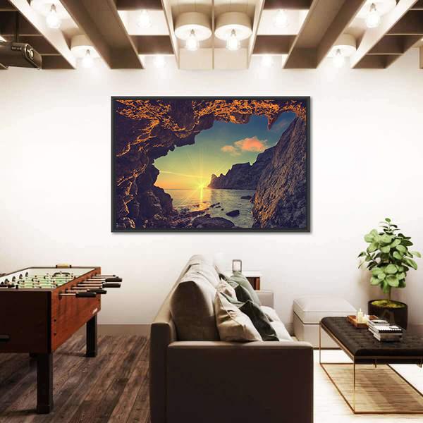 Sea Sunset From Mountain Cave Canvas Wall Art-3 Horizontal-Gallery Wrap-25" x 16"-Tiaracle