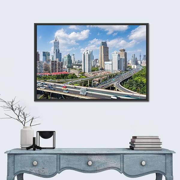 Shanghai Modern City Skyline Canvas Wall Art-1 Piece-Floating Frame-24" x 16"-Tiaracle