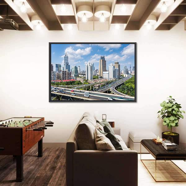 Shanghai Modern City Skyline Canvas Wall Art-3 Horizontal-Gallery Wrap-25" x 16"-Tiaracle