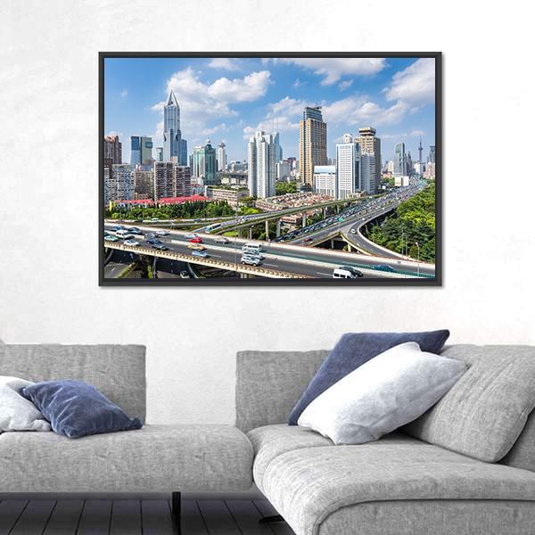 Shanghai Modern City Skyline Canvas Wall Art-3 Horizontal-Gallery Wrap-25" x 16"-Tiaracle