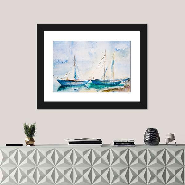 Ships In The Sea Watercolor Canvas Wall Art-1 Piece-Framed Print-20" x 16"-Tiaracle