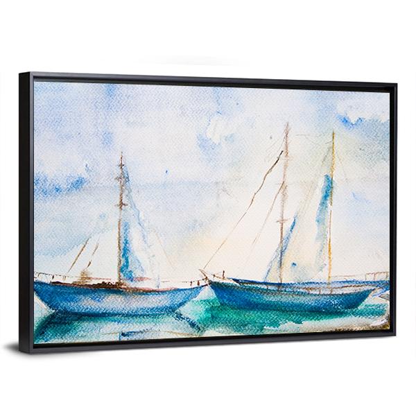 Ships In The Sea Watercolor Canvas Wall Art-3 Horizontal-Gallery Wrap-25" x 16"-Tiaracle