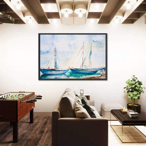 Ships In The Sea Watercolor Canvas Wall Art-3 Horizontal-Gallery Wrap-25" x 16"-Tiaracle