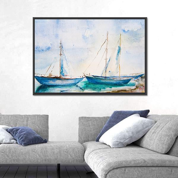 Ships In The Sea Watercolor Canvas Wall Art-3 Horizontal-Gallery Wrap-25" x 16"-Tiaracle