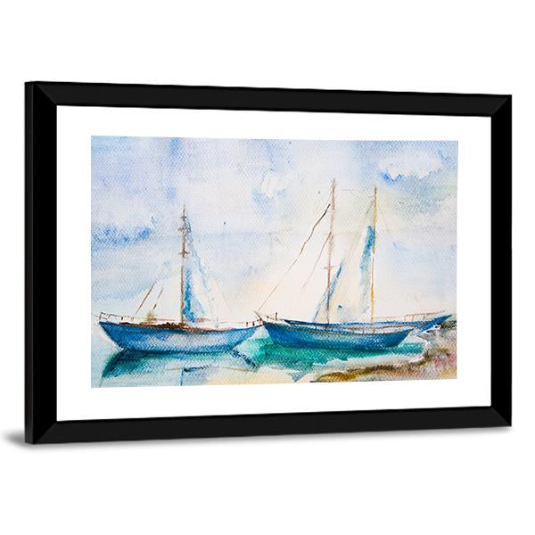 Ships In The Sea Watercolor Canvas Wall Art-3 Horizontal-Gallery Wrap-25" x 16"-Tiaracle