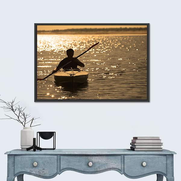 Silhouette Of A Man Rowing In The Canoe Canvas Wall Art-1 Piece-Floating Frame-24" x 16"-Tiaracle