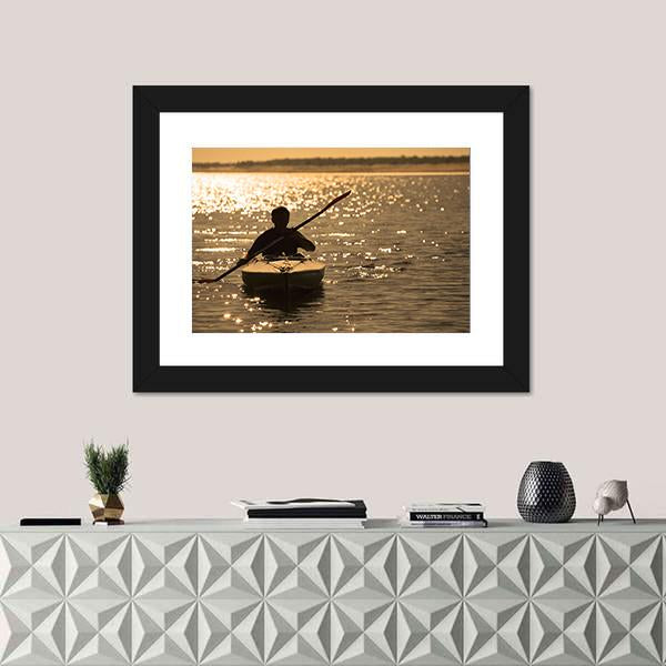 Silhouette Of A Man Rowing In The Canoe Canvas Wall Art-1 Piece-Framed Print-20" x 16"-Tiaracle