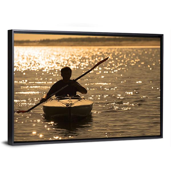 Silhouette Of A Man Rowing In The Canoe Canvas Wall Art-3 Horizontal-Gallery Wrap-25" x 16"-Tiaracle