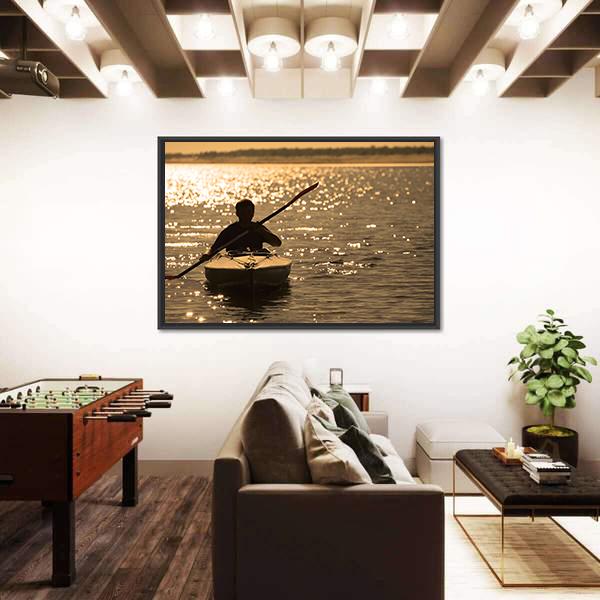 Silhouette Of A Man Rowing In The Canoe Canvas Wall Art-3 Horizontal-Gallery Wrap-25" x 16"-Tiaracle