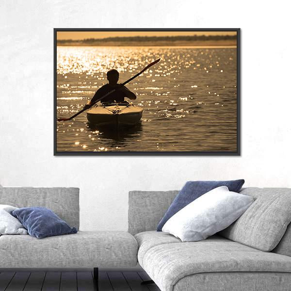 Silhouette Of A Man Rowing In The Canoe Canvas Wall Art-3 Horizontal-Gallery Wrap-25" x 16"-Tiaracle