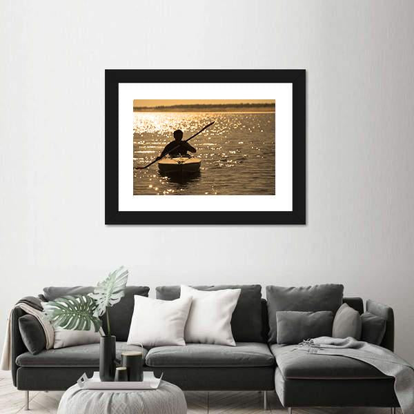 Silhouette Of A Man Rowing In The Canoe Canvas Wall Art-3 Horizontal-Gallery Wrap-25" x 16"-Tiaracle