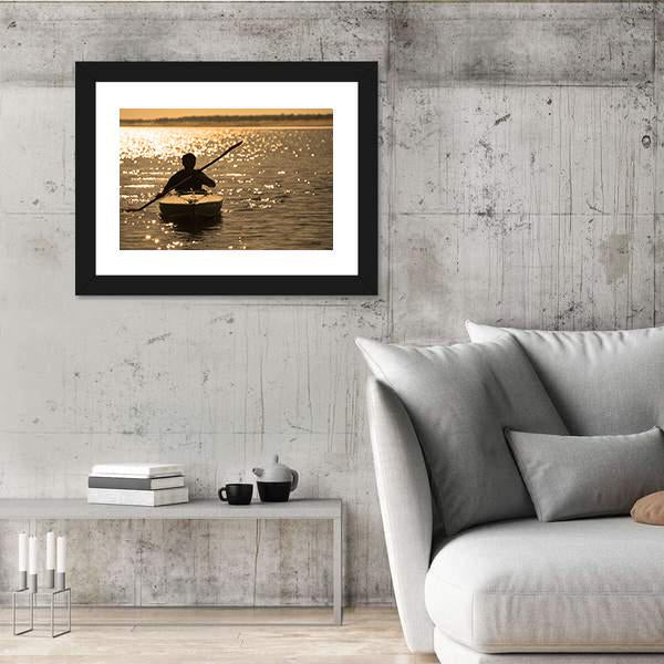 Silhouette Of A Man Rowing In The Canoe Canvas Wall Art-3 Horizontal-Gallery Wrap-25" x 16"-Tiaracle