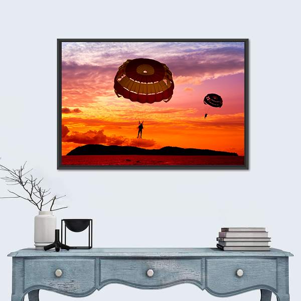 Silhouette Of A Para-Sailors At Sunset Canvas Wall Art-1 Piece-Floating Frame-24" x 16"-Tiaracle