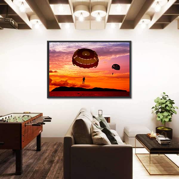 Silhouette Of A Para-Sailors At Sunset Canvas Wall Art-3 Horizontal-Gallery Wrap-25" x 16"-Tiaracle