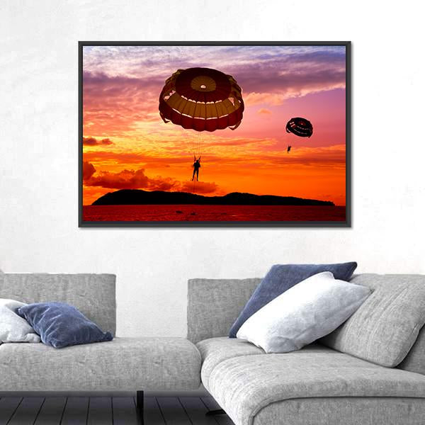 Silhouette Of A Para-Sailors At Sunset Canvas Wall Art-3 Horizontal-Gallery Wrap-25" x 16"-Tiaracle