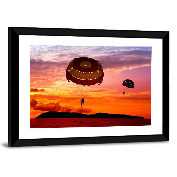 Silhouette Of A Para-Sailors At Sunset Canvas Wall Art-3 Horizontal-Gallery Wrap-25" x 16"-Tiaracle