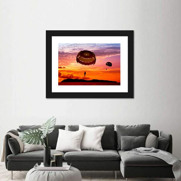 Silhouette Of A Para-Sailors At Sunset Canvas Wall Art-3 Horizontal-Gallery Wrap-25" x 16"-Tiaracle