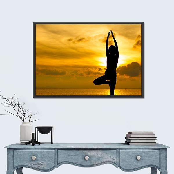 Silhouette Of Beautiful Yoga Woman In Morning Canvas Wall Art-1 Piece-Floating Frame-24" x 16"-Tiaracle