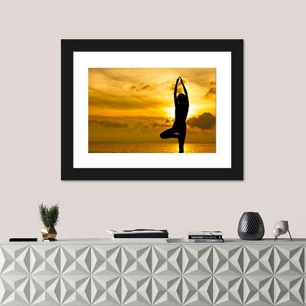 Silhouette Of Beautiful Yoga Woman In Morning Canvas Wall Art-1 Piece-Framed Print-20" x 16"-Tiaracle