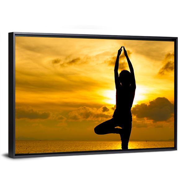 Silhouette Of Beautiful Yoga Woman In Morning Canvas Wall Art-3 Horizontal-Gallery Wrap-25" x 16"-Tiaracle