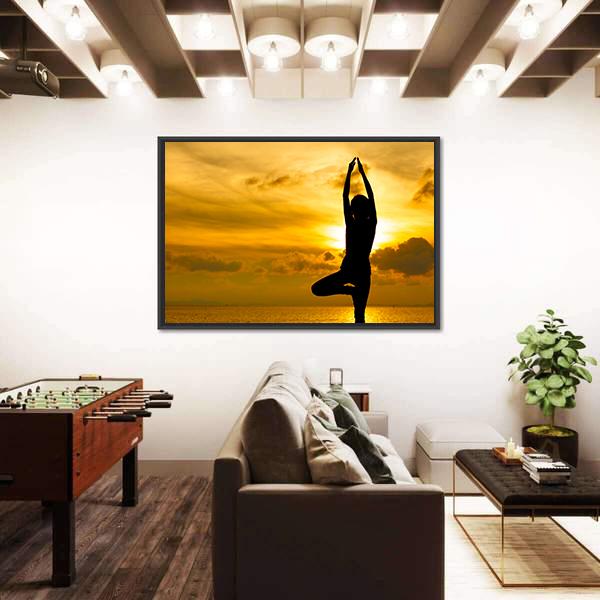 Silhouette Of Beautiful Yoga Woman In Morning Canvas Wall Art-3 Horizontal-Gallery Wrap-25" x 16"-Tiaracle