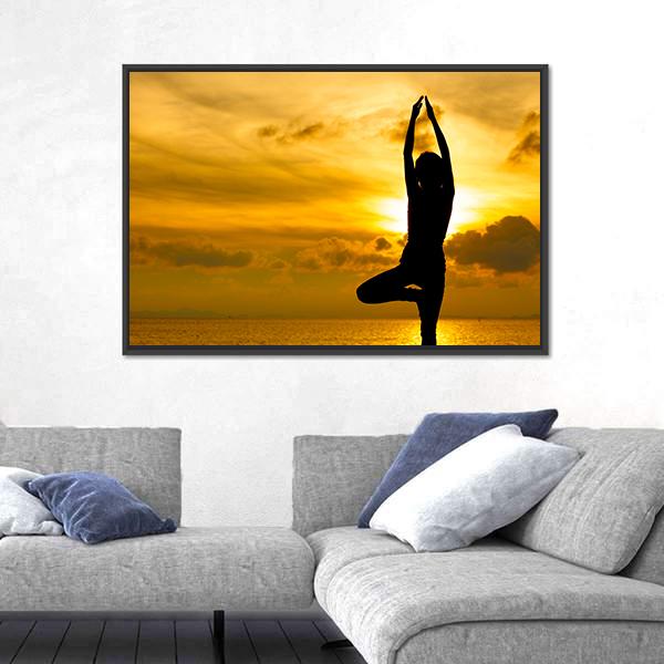 Silhouette Of Beautiful Yoga Woman In Morning Canvas Wall Art-3 Horizontal-Gallery Wrap-25" x 16"-Tiaracle