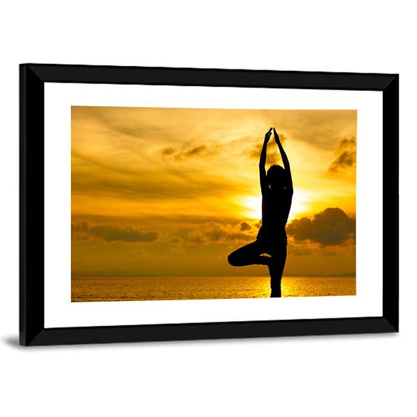 Silhouette Of Beautiful Yoga Woman In Morning Canvas Wall Art-3 Horizontal-Gallery Wrap-25" x 16"-Tiaracle