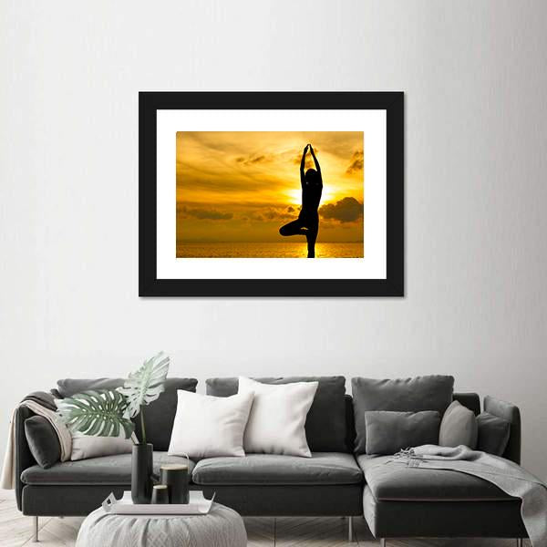 Silhouette Of Beautiful Yoga Woman In Morning Canvas Wall Art-3 Horizontal-Gallery Wrap-25" x 16"-Tiaracle