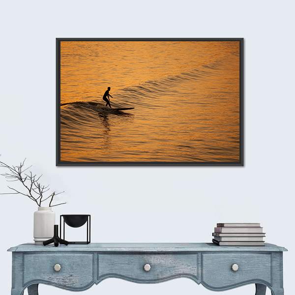 Single Surfer At Sunset On A Calm Ocean Canvas Wall Art-1 Piece-Floating Frame-24" x 16"-Tiaracle