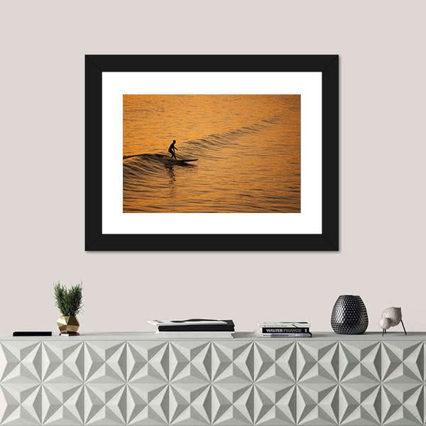 Single Surfer At Sunset On A Calm Ocean Canvas Wall Art-1 Piece-Framed Print-20" x 16"-Tiaracle