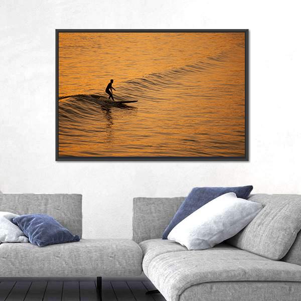 Single Surfer At Sunset On A Calm Ocean Canvas Wall Art-3 Horizontal-Gallery Wrap-25" x 16"-Tiaracle