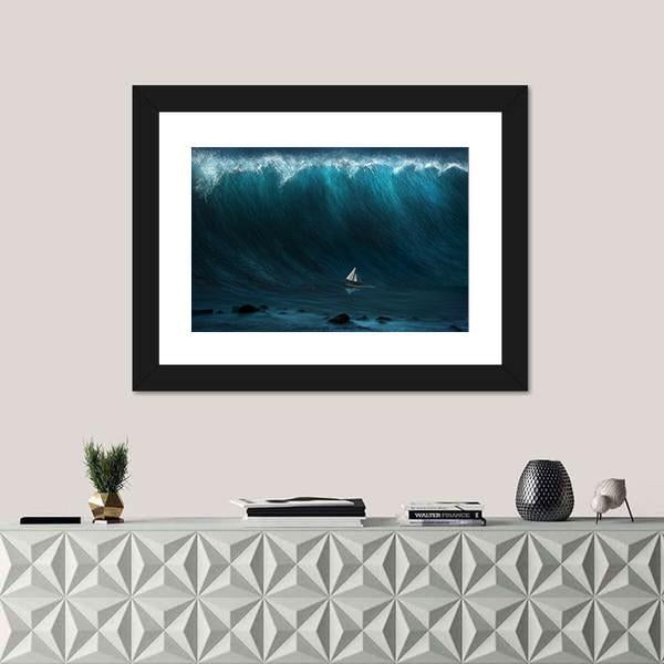 Small Boat Being Captured By A Large Wave Canvas Wall Art-1 Piece-Framed Print-20" x 16"-Tiaracle