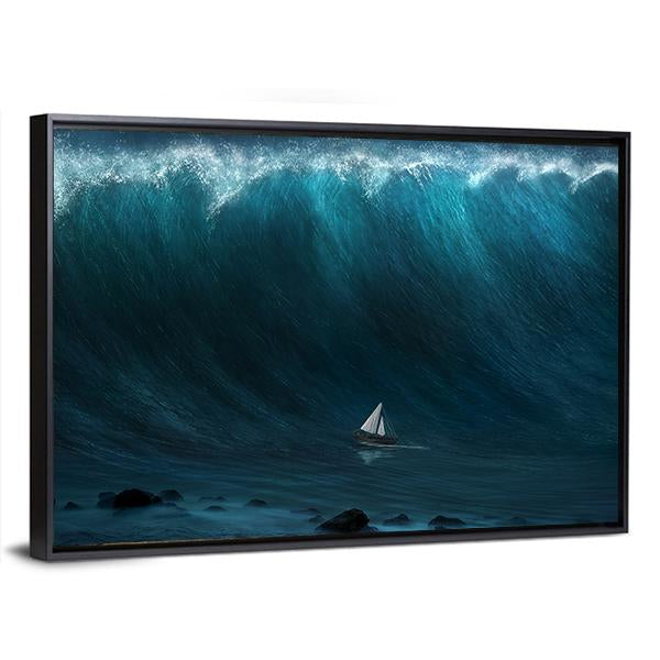 Small Boat Being Captured By A Large Wave Canvas Wall Art-3 Horizontal-Gallery Wrap-25" x 16"-Tiaracle