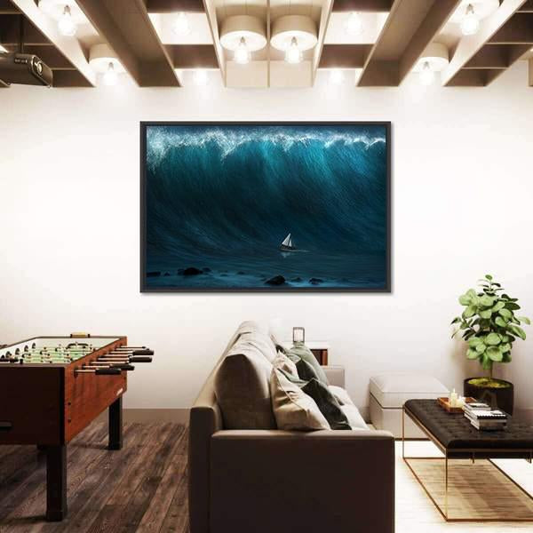 Small Boat Being Captured By A Large Wave Canvas Wall Art-3 Horizontal-Gallery Wrap-25" x 16"-Tiaracle