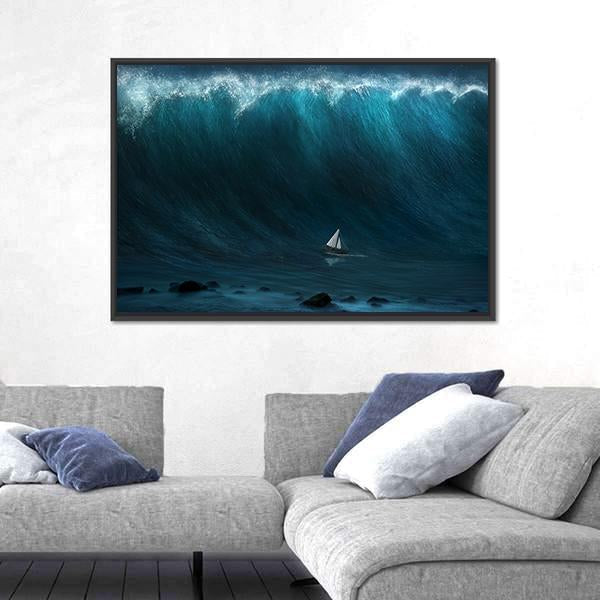 Small Boat Being Captured By A Large Wave Canvas Wall Art-3 Horizontal-Gallery Wrap-25" x 16"-Tiaracle