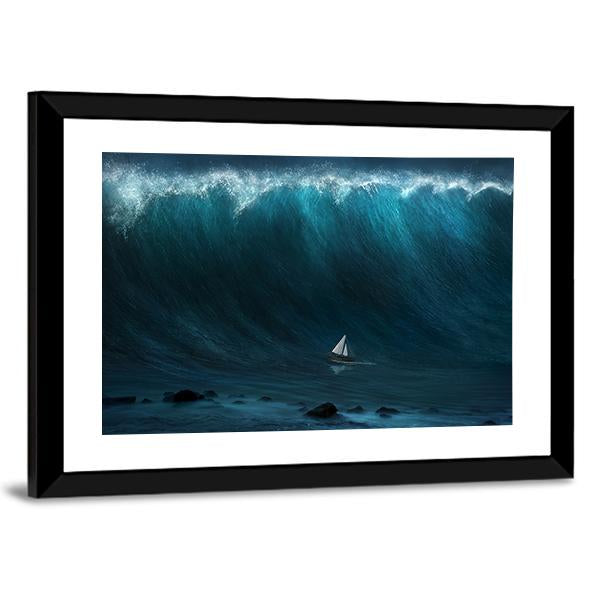 Small Boat Being Captured By A Large Wave Canvas Wall Art-3 Horizontal-Gallery Wrap-25" x 16"-Tiaracle