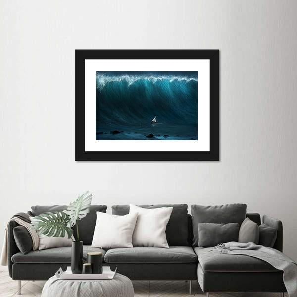 Small Boat Being Captured By A Large Wave Canvas Wall Art-3 Horizontal-Gallery Wrap-25" x 16"-Tiaracle