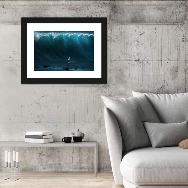 Small Boat Being Captured By A Large Wave Canvas Wall Art-3 Horizontal-Gallery Wrap-25" x 16"-Tiaracle