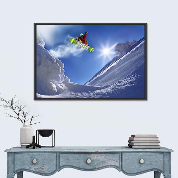 Snowboarder Jumping Against Blue Sky Canvas Wall Art-1 Piece-Floating Frame-24" x 16"-Tiaracle