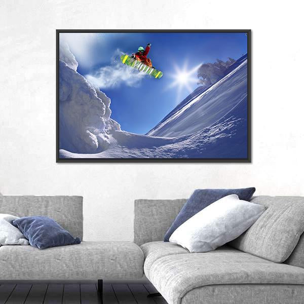 Snowboarder Jumping Against Blue Sky Canvas Wall Art-3 Horizontal-Gallery Wrap-25" x 16"-Tiaracle