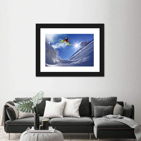 Snowboarder Jumping Against Blue Sky Canvas Wall Art-3 Horizontal-Gallery Wrap-25" x 16"-Tiaracle